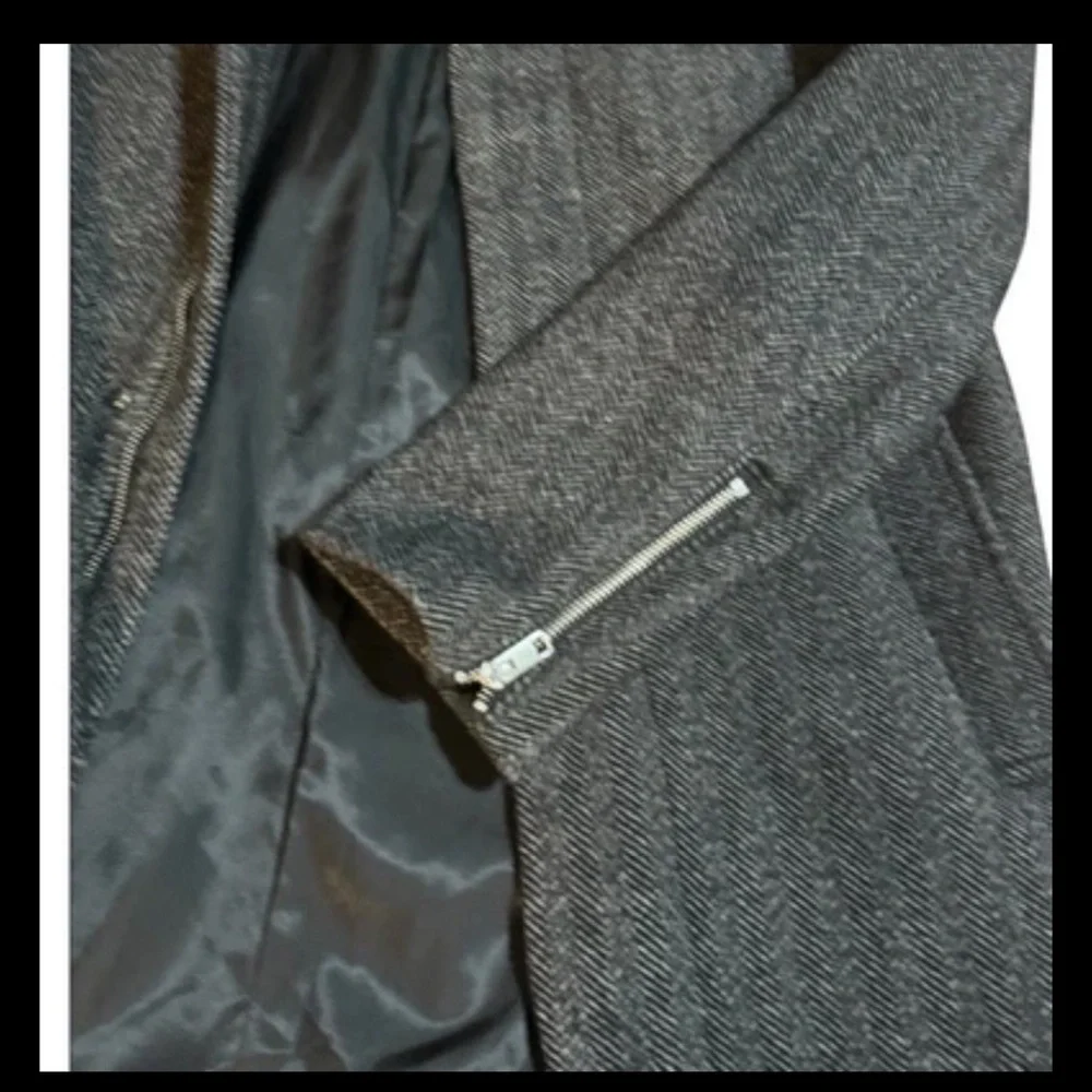 H&M Mens Wool Trench Coat Size 40R Gray Houndstooth Zip Snap Pockets Mock Neck